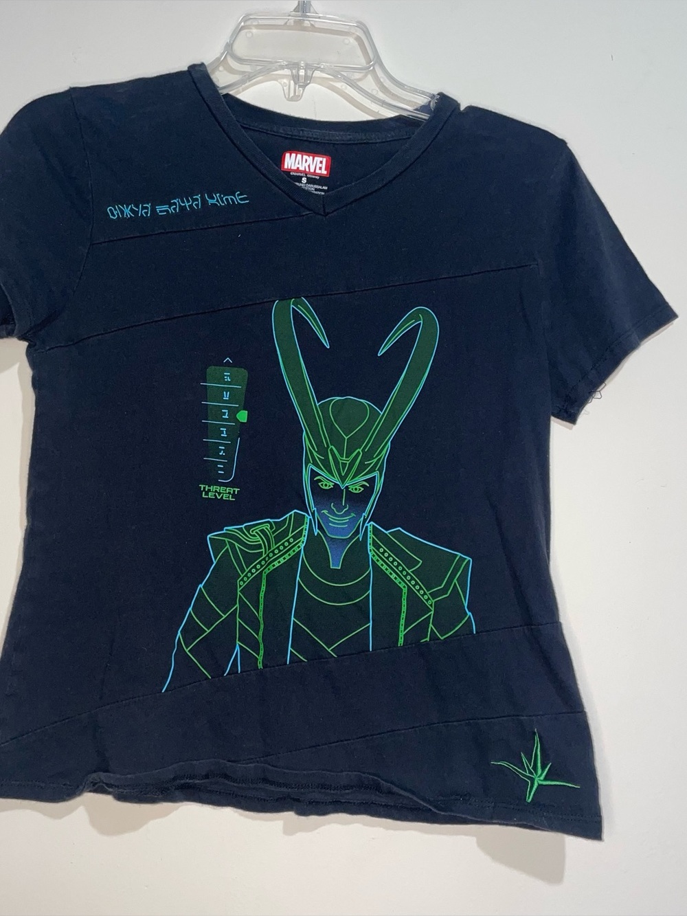 Marvel Black V Neck Loki Nova Core Embroidered Asgard Threat Level Fitted Tee